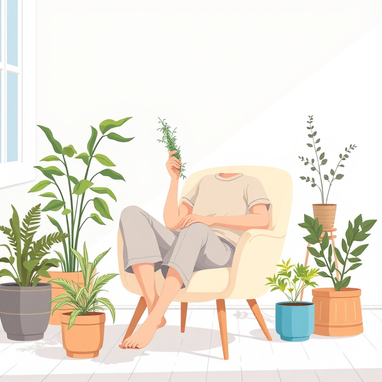 Create an illustration of a person lounging in a chair, holding a sprig of herbs, in a minimalistic interior with potted plants and a light blue wall background, using a soft color palette, high-resolution vector art style, shot with a Canon EOS R5 at f/2.8, ISO 100, 50mm lens, natural lighting.