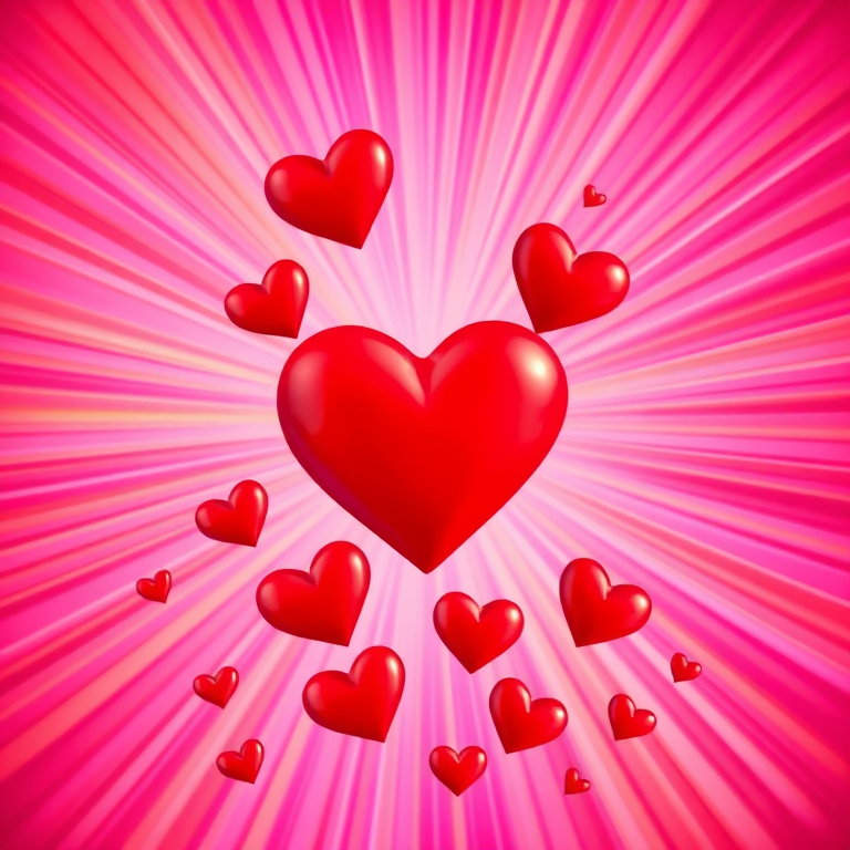 create a vibrant background with pink and orange rays radiating from the center, overlay with various red hearts in different sizes, use a Canon EOS R5, aperture f/4, ISO 100, 24mm lens, portrait orientation, high dynamic range technique to enhance colors and details