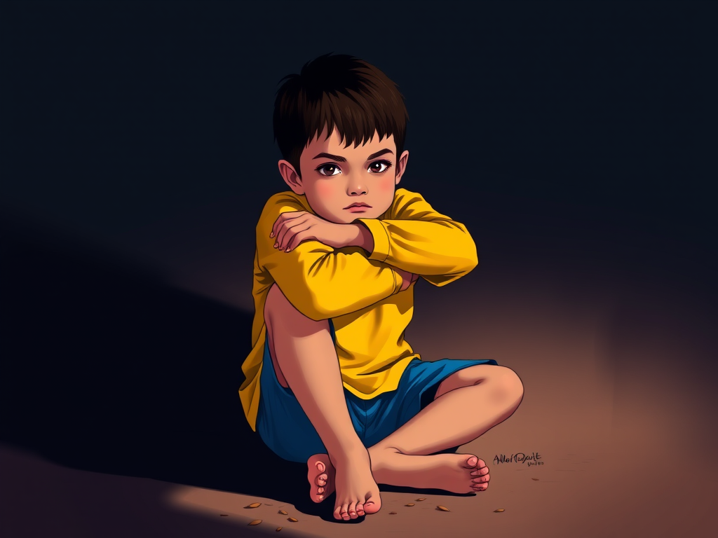 Create a digital illustration of a boy sitting on the ground with his arms over his knees, wearing a yellow long-sleeve shirt and blue shorts, featuring high contrast colors, dynamic shadows, a shallow depth of field to emphasize the subject, using a Canon EOS R with a 50mm f/1.8 lens, ISO 200, aperture f/2.2, and at a 45-degree angle for a dramatic perspective.