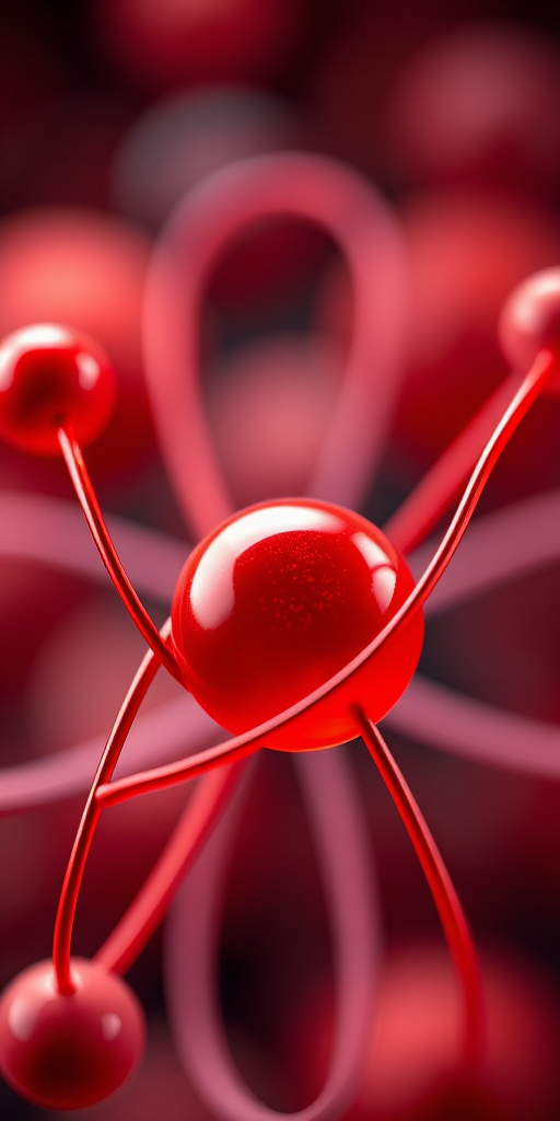 Create a vibrant image of an atomic model featuring a red nucleus surrounded by elliptical orbits, captured with a DSLR camera at f/8 aperture, ISO 100, 50mm lens, in a macro view with soft lighting to enhance color contrast and sharpness.