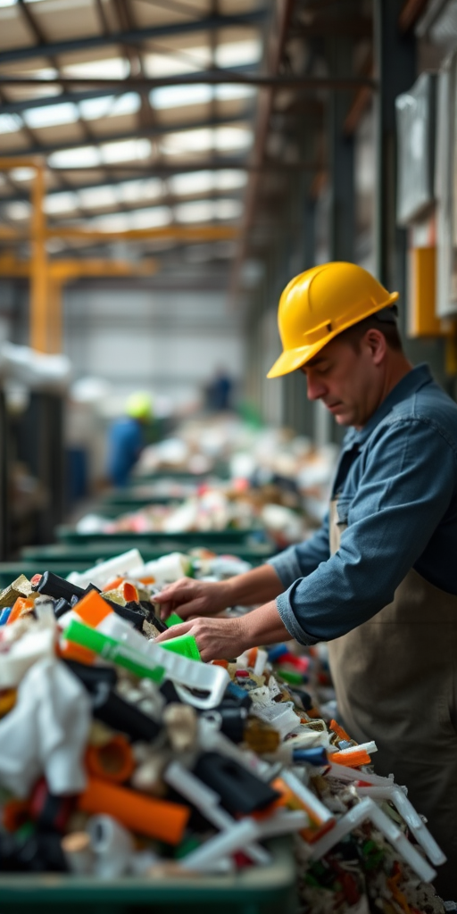 Generate an image of a worker in a recycling facility sorting plastic waste, natural lighting, 50mm lens, f/2.8 aperture, ISO 200, shot from a slightly elevated angle, focus on the worker with a blurred background for depth.