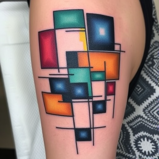 Abstract "Cubist Composition" tattoo with fragmented shapes and overlapping planes, using a limited color palette to create a dynamic and thought-provoking design