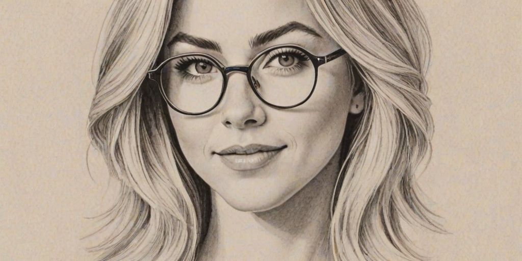 Charming Julianne Hough, pencil sketch, portrait of Beauteous woman 1975s in glasses, hair style beatnik, outline, clear lines, fine lines, 8k
