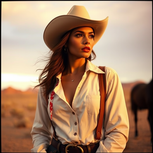 Dramatic photo of a beautiful Persian woman, classic cowboy attire, confident and free spirit expression, half-length portrait, centered, golden hour desert landscape, warm, diffused light, low angle, medium format film camera, in style of Annie Leibovitz.