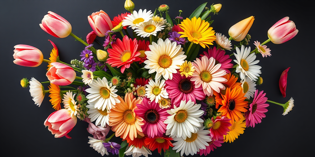 create an overhead shot of a vibrant bouquet of spring flowers including tulips, daisies, and other colorful blooms against a black backdrop using a DSLR camera with a 50mm lens, aperture f/2.8 for a shallow depth of field, ISO 100 to reduce noise, and a soft natural light source for even illumination