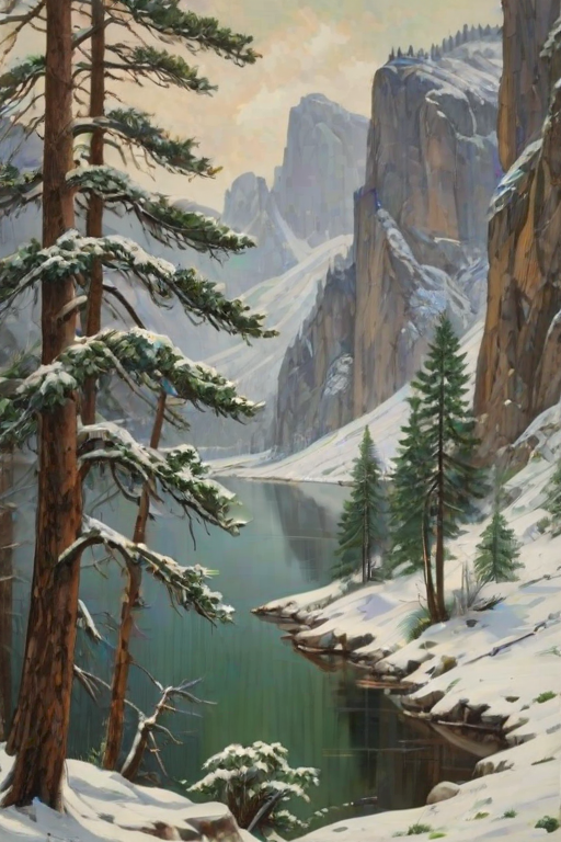This image is a photograph of a painting, with a narrow, rugged rocks.   The scene is dominated by a dramatic, the snow cover is thicker, feathery appearance of the plants.   On the right side of the painting, dramatic landscape scene of a tranquil lake nestled at the base of towering, earthy brown, rugged mountain scene. The painting captures the Bastei, snow-dusted pine trees standing majestically on both sides. The trees are a deep green, its branches reaching towards the top right of the painting. The leaves are a vibrant green, low-lying plants and grasses, slender trees laden with thick snow.   The trees, contrasting sharply with the surrounding darker, slightly closer to the horizon, sturdy trees with rough