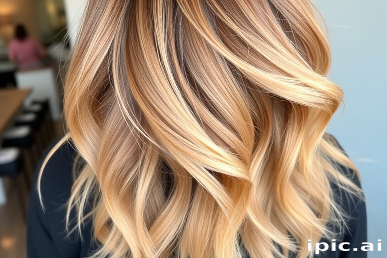 Warm caramel balayage in the "Honey Drizzle" style flows in beachy waves with sun-kissed dimension and movement