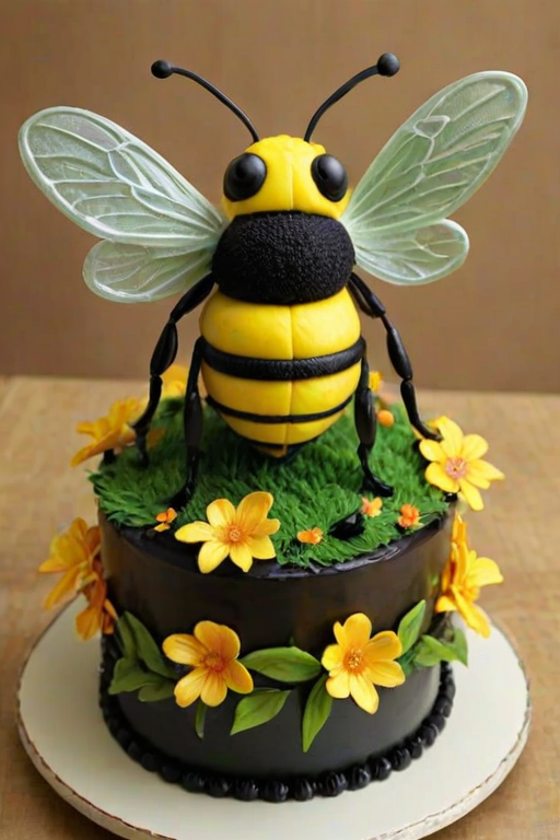 Create a realistic cake designed to look like a bumblebee. The cake should have vibrant yellow and black frosting, with intricate details for the wings made of sugar glass. Surround the cake with edible flowers and green foliage to enhance the presentation. The background should be softly blurred to emphasize the cake.