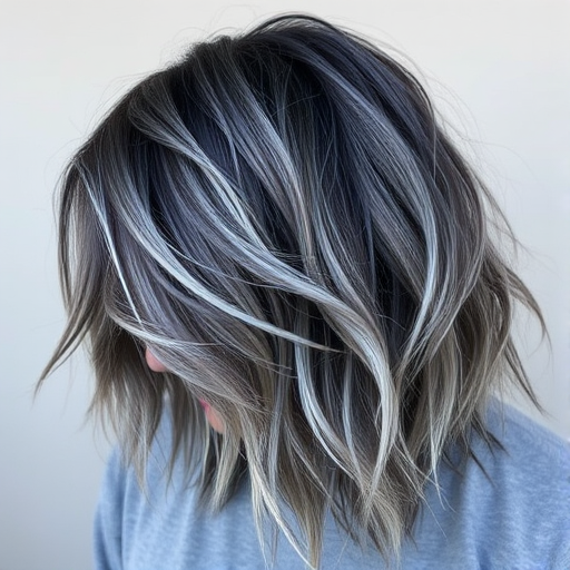 Smoky charcoal grey hair forms the base of the edgy "Storm Cloud" style. The long, layered cut features wispy, feathered ends that create movement and texture. Silver and white highlights throughout mimic flashes of lightning, while the overall look is styled in tousled, windswept waves for a dramatic, weather-inspired effect.