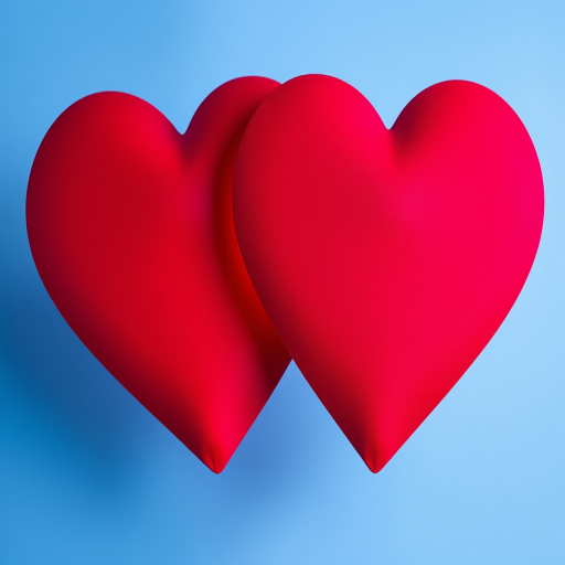 A close-up shot of two overlapping hearts in vibrant red and purple hues against a soft blue gradient background, taken with a DSLR camera at f/2.8 aperture, ISO 100, and a focal length of 50mm, using a soft-focus lens for a painterly effect.