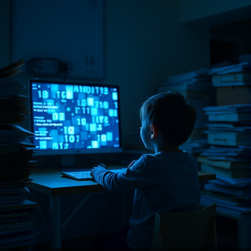 A child sitting at a desk in a dimly lit room, focused on a glowing computer screen filled with blue digital patterns, surrounded by stacks of papers and cardboard boxes, captured with a Canon EOS R5, 50mm f/1.2 lens, ISO 400, aperture f/2.8, 1/60 sec exposure, in a moody cinematic style.
