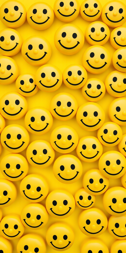 Create an image of a vibrant yellow background filled with various smiley faces, including happy, neutral, and sad expressions in different sizes; use a Canon EOS R5, aperture f/8, shutter speed 1/200s, ISO 200, 24mm lens, top-down view, high resolution for clarity and detail.