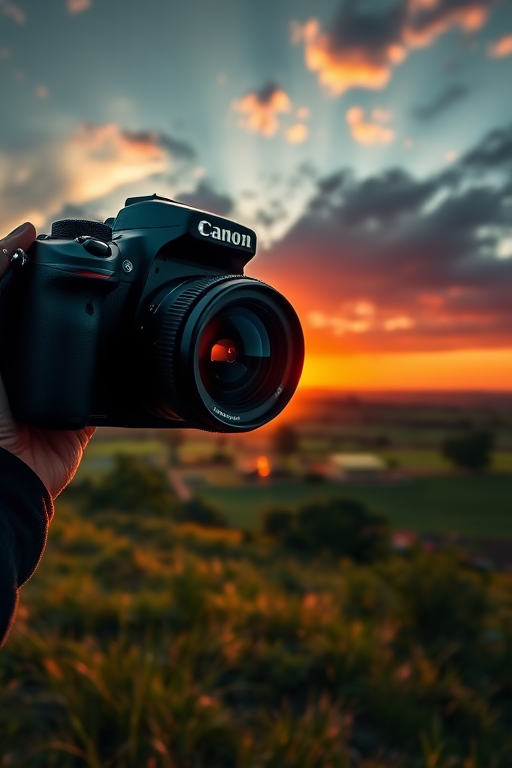Create a high-resolution image of a serene landscape at sunset, DSLR camera, 50mm lens, aperture f/1.8, ISO 100, 1/250 sec, wide-angle view, vibrant colors and rich contrast.