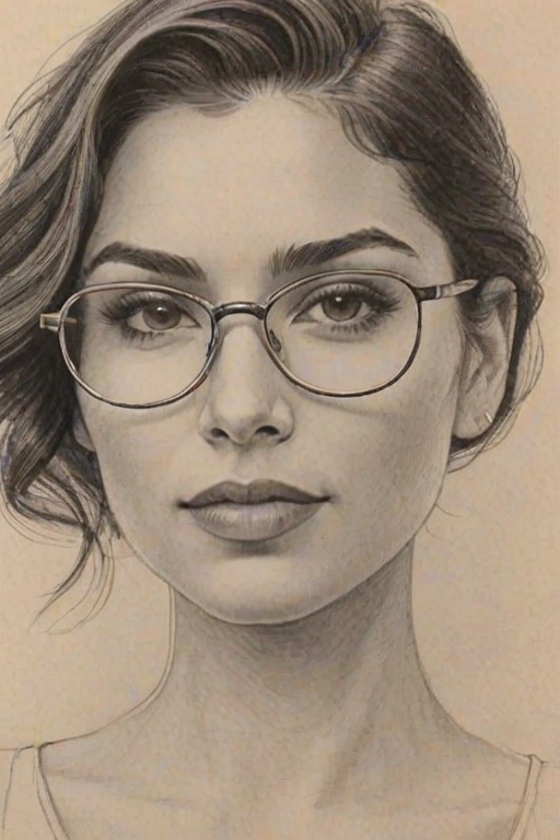 Alluring Lela Loren, pencil sketch, portrait of Exquisite woman 1931s in glasses, hair style beatnik, outline, clear lines, fine lines, 8k