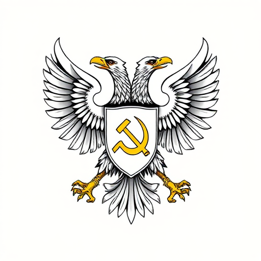 Create a detailed vector illustration of a majestic double-headed eagle emblem, featuring intricate feather details, a blank shield for customization, holding a hammer and sickle in its talons, set against a clean, contrasting background, captured with a high-resolution digital camera, f-stop at f/8 for sharpness, ISO 100 for minimal noise, and a natural lighting setup to enhance clarity and depth.