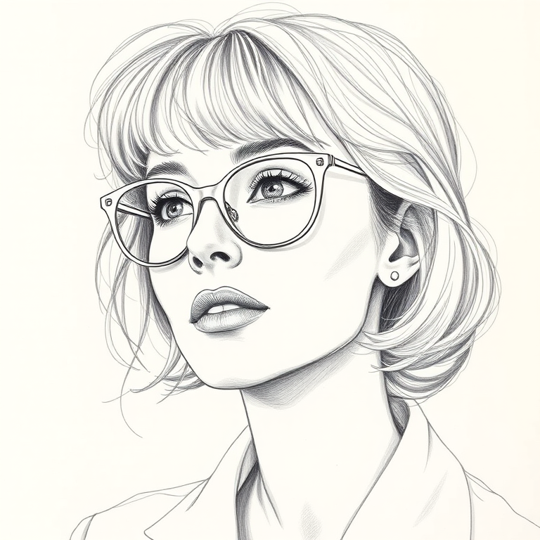 Beautiful Maggie Smith, pencil sketch, portrait of beautiful woman 60s in glasses, hair style beatnik, outline, clear lines, fine lines, 8k