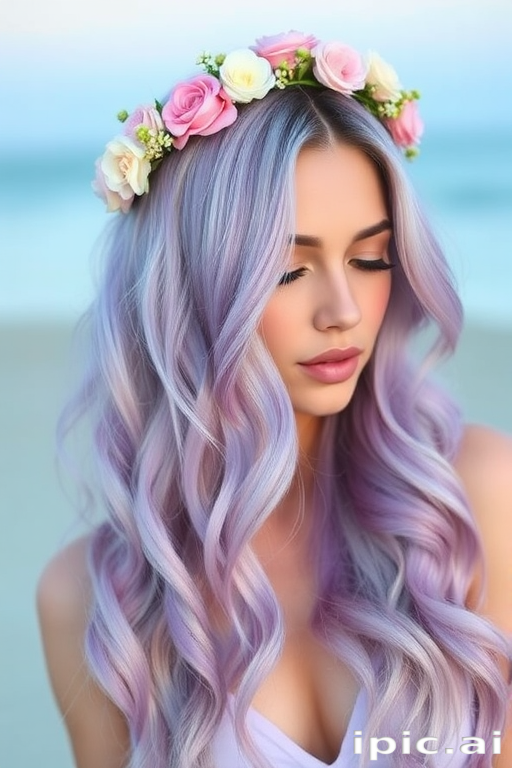 Luscious lavender ombre fading into soft pastel blue, styled in loose beachy waves with delicate flower crown accents, evoking a dreamy ethereal look named Twilight Bloom