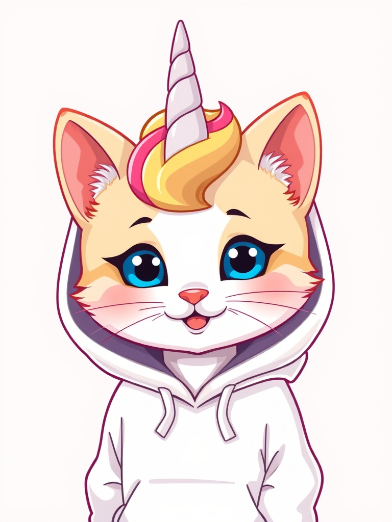 Create a cute cartoon illustration of a kitten with a unicorn horn wearing a white hoodie, use a bright color palette, feature soft outlines and a cheerful expression, taken with a Canon EOS R6, 50mm f/1.8 lens, aperture f/2.8, ISO 100, and vibrant lighting.