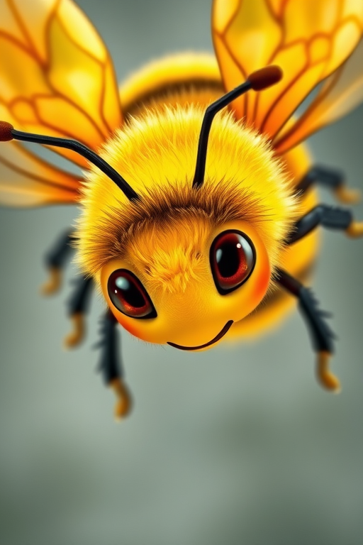 Create a high-resolution illustration of a cartoon bee with vibrant yellow and orange colors, capturing detailed wing textures and expressive eyes, using a DSLR camera with a 50mm lens, aperture set to f/2.8, shot in natural light from a top-down perspective for enhanced clarity and depth.
