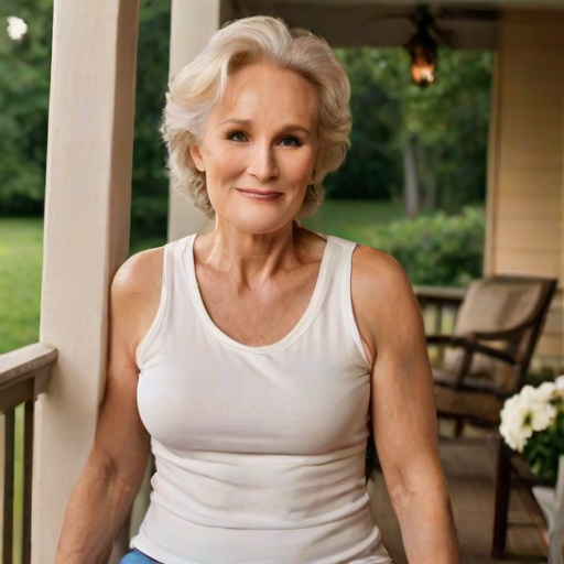 A photo of Glenn Close with a background of a cozy porch. She has dark hair pulled back in an updo, with tendrils framing her face. She wears a white tank top and sits on the porch. The porch is part of a well-lit home with a warm, earthy tone and colorful flowers and foliage. The overall scene has a warm, welcoming, and comfortable ambiance.