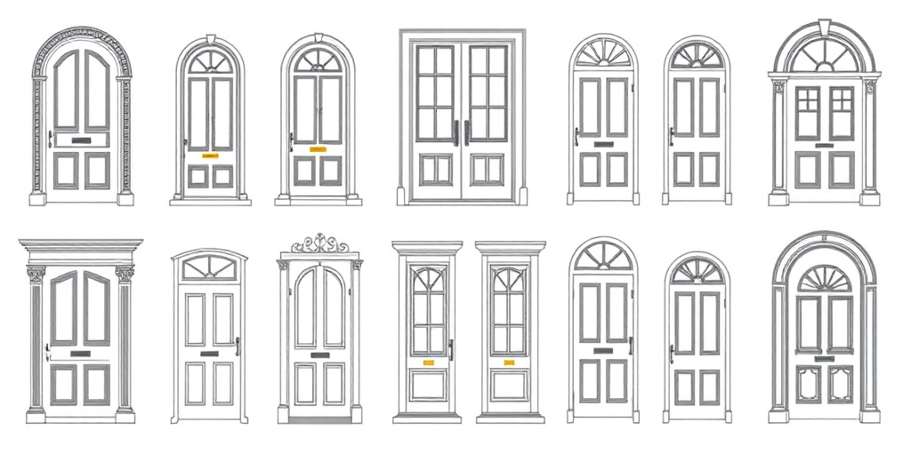 Create a detailed vector illustration of various door and window designs with a clean layout, using a high-resolution digital camera at 50mm focal length, aperture f/8, ISO 100, and a top-down view to ensure clarity and precision in the lines and dimensions.