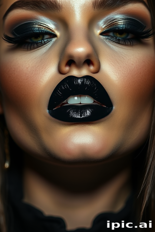 Dramatic woman lips accentuated by bold black lipstick with metallic sheen, full face portrait exuding edgy confidence and mysterious allure