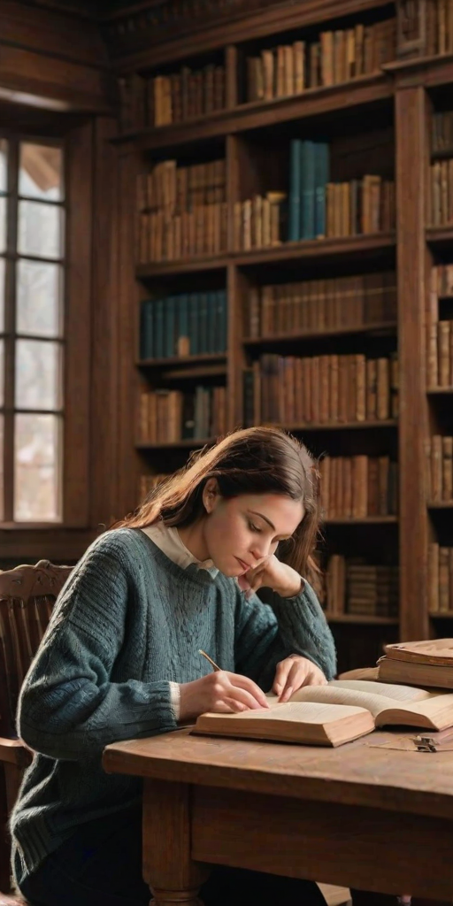 Old library with towering bookshelves, the smell of aged paper filling the air, a woman in a cozy sweater sits at a wooden desk, poring over a large, ancient-looking book.