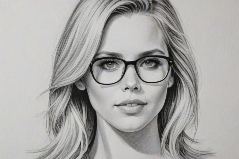 Appealing Claire Holt, pencil sketch, portrait of Splendid woman 1977s in glasses, hair style beatnik, outline, clear lines, fine lines, 8k