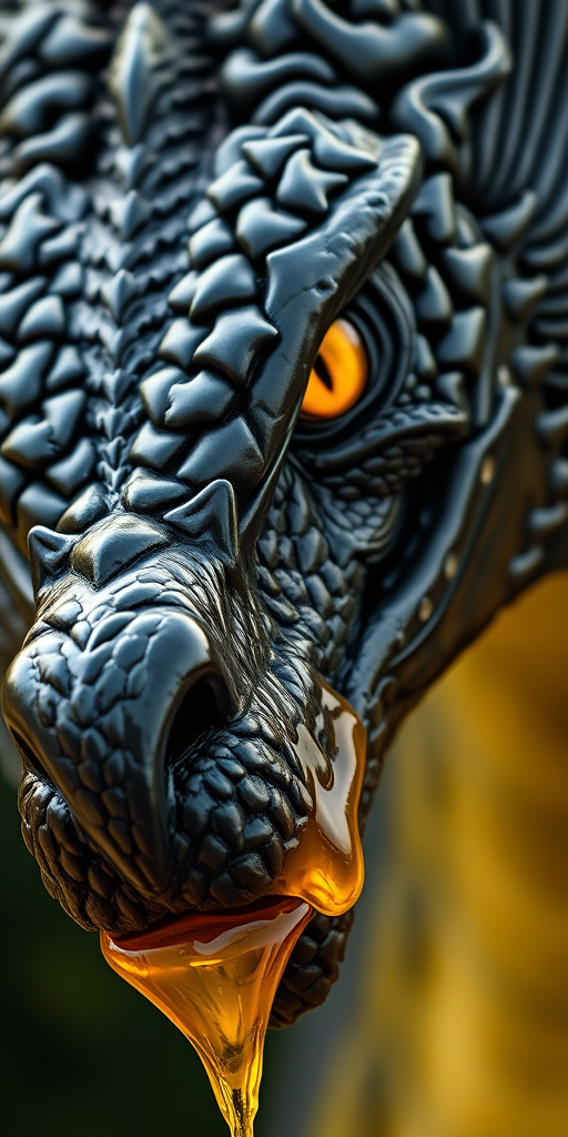 highly detailed close-up of a dragon's head with glossy black scales and vibrant yellow eyes, capturing the essence of majesty and ferocity, with liquid gold dripping from its mouth, shot with a Canon EOS R5, 85mm f/1.2 lens at ISO 100, natural lighting, shallow depth of field, vibrant color grading.