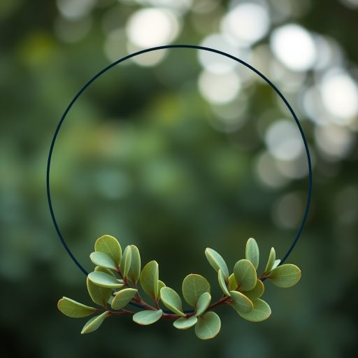 Create a high-quality image of a circular frame with green eucalyptus leaves at the bottom, use a Canon EOS 5D Mark IV, aperture f/4, ISO 100, 50mm lens, soft focus background for an elegant botanical design.
