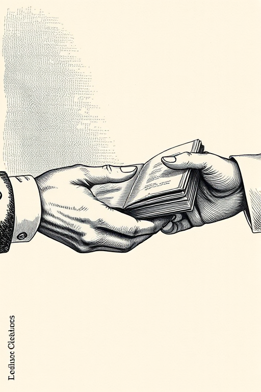 Regenerate an illustration of a detailed vintage engraving showing two hands exchanging a book, using a high-resolution camera with a 50mm lens, f/1.8 aperture, ISO 100, from a front view with soft lighting to enhance texture and depth.