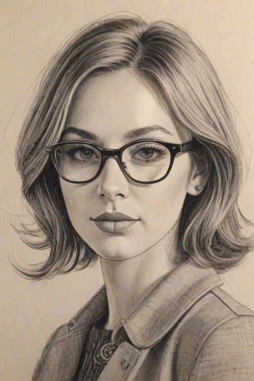 Elegant Mya, pencil sketch, portrait of Charming woman 1973s in glasses, hair style beatnik, outline, clear lines, fine lines, 8k