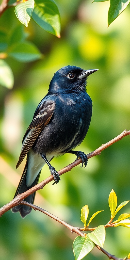 a detailed watercolor illustration of a blackbird perched on a branch surrounded by green foliage, soft focus background, natural lighting, shot with a Canon EOS 5D Mark IV, 50mm lens, aperture f/2.8, ISO 100, shutter speed 1/250s, vibrant colors and sharp details