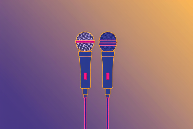 Create a high-resolution illustration of two microphones in a minimalist style, ensuring clear outlines and vibrant colors, captured with a Canon EOS 5D Mark IV, 50mm lens at f/1.8, ISO 100, focusing on sharp details and smooth gradients.