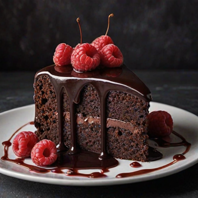Create an image of a rich chocolate cake slice topped with fresh raspberries and a drizzle of chocolate sauce, set against a dark, moody background. Ensure the cake looks moist and decadent, with a focus on the texture of the chocolate layers and the vibrant color of the raspberries.