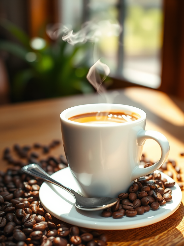 Create an image of a coffee cup with steam rising, surrounded by coffee beans and a spoon, captured in bright natural light with a shallow depth of field, using a DSLR camera at f/2.8, ISO 100, and a 50mm lens from a slightly elevated angle for a warm and inviting atmosphere.