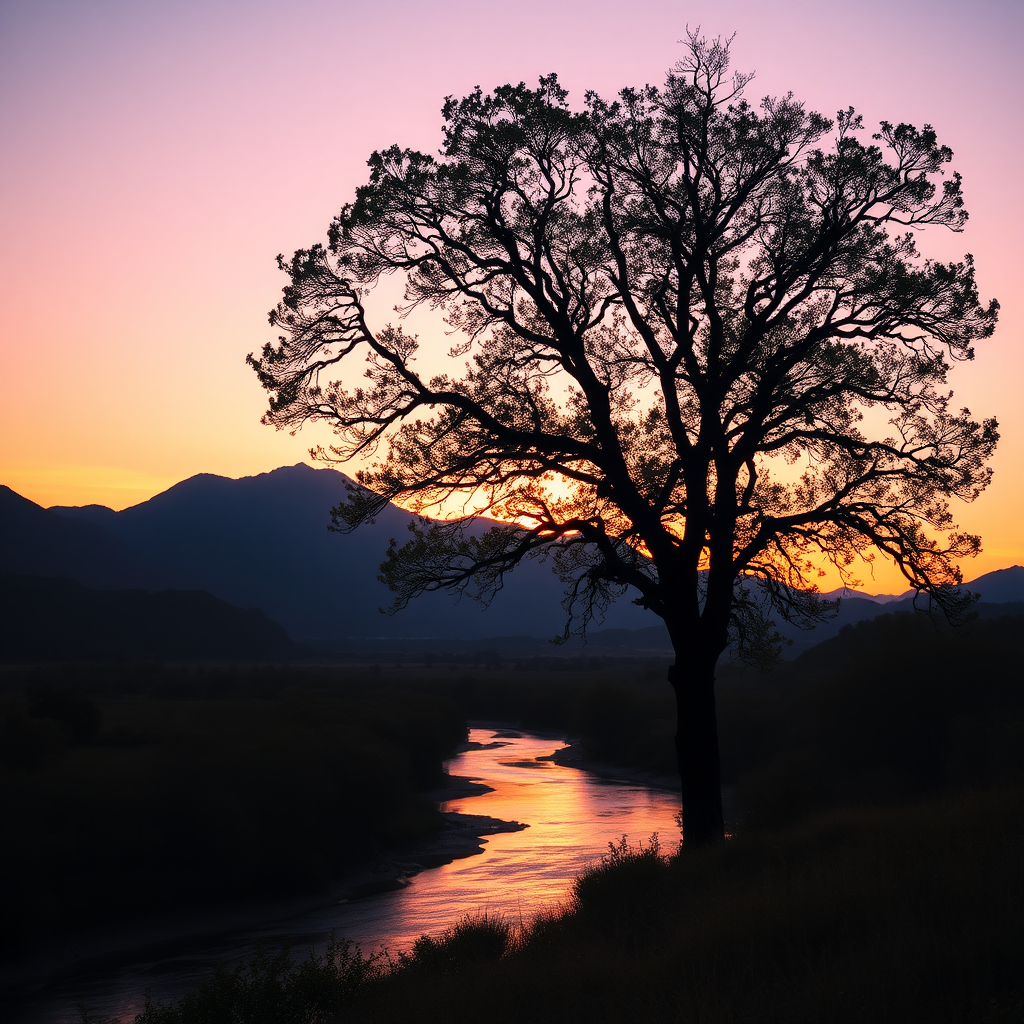 Create a vibrant sunset landscape with a large silhouette tree, mountains in the background, and a reflective river, using a Canon EOS R5 with a 24-70mm lens at f/8, ISO 100, and a soft focus style for a serene atmosphere.