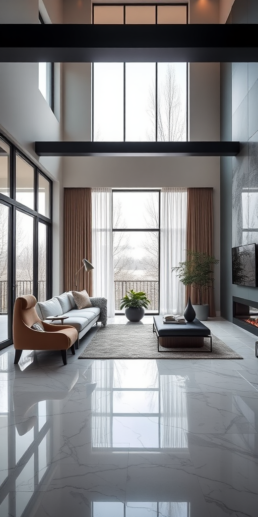 A modern living room with marble flooring, large windows, a cozy sofa, a stylish chair, and a coffee table, captured with a Canon EOS R, 24mm lens, f/4 aperture, ISO 200, natural lighting, wide-angle view.