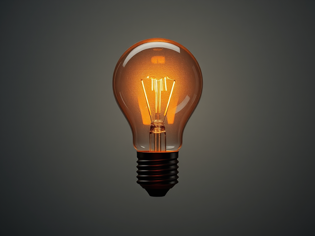 Create a realistic illustration of a light bulb, using a Canon EOS 5D Mark IV with a 50mm f/1.8 lens, aperture set to f/5.6, ISO 100, 1/125 sec shutter speed, soft diffused lighting, focus on the bulb with a slight vignette effect.