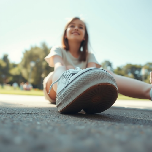 Generate an ultra-realistic, highly detailed, high-definition photograph. It's a photo of a girl sitting on the floor. She's looking at the horizon. The photo is taken from the bottom up, at ground level. The girl's sneakers are in the foreground, in the center of the scene. The girl is wearing light clothes, a t-shirt and short shorts. The sky is blue. Bright environment. The background is a blurred image of a park.