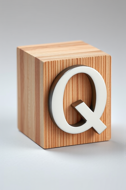 Create a 3D wooden cube with a metallic letter Q on each side, high resolution, lighting set to soft, focal length 50mm, aperture f/2.8, shot from eye level, using a DSLR camera.