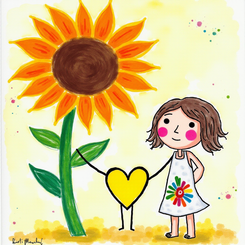 Stylized impressionism painting of a large sunflower with an oversized center and colorful petals. Beside, a young female character with eyes represented by dots and a mouth by a line, pink cheeks, hair attached, arms and legs a black line, flowery white dress triangle shape. A yellow heart surrounded by a black line between the two. Textured background with touches of colorful paint. Childish style.