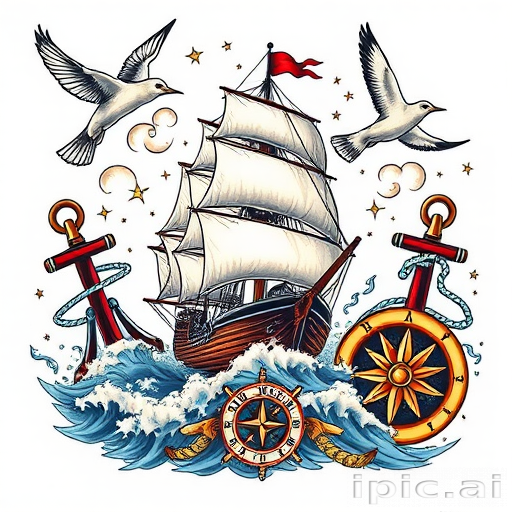 Bold traditional "Nautical Odyssey" tattoo composition featuring a ship battling stormy seas surrounded by iconic maritime elements like anchors compasses and swallows rendered in rich saturated colors and thick outlines