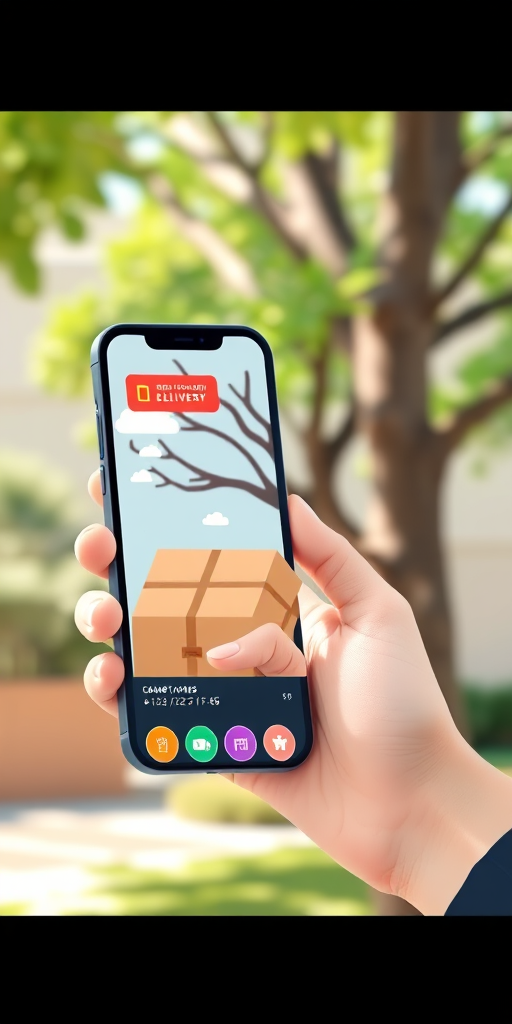 Create a digital illustration of a person receiving a package from a smartphone interface, featuring a stylized tree in the background, colorful icons for delivery and ratings, in a modern flat design style, using a Canon EOS R5 with a 24-70mm f/2.8 lens, aperture set to f/8, ISO 100, and in natural daylight for enhanced clarity and color vibrancy.