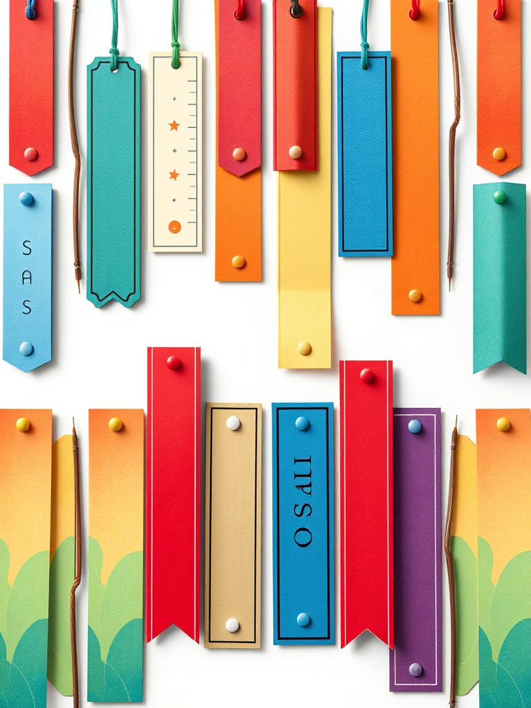 Generate a high-resolution illustration of colorful bookmarks arranged in two rows with four bookmarks each, using a DSLR camera, aperture f/2.8, ISO 100, 35mm focal length, top-down view, high contrast and vibrant colors.