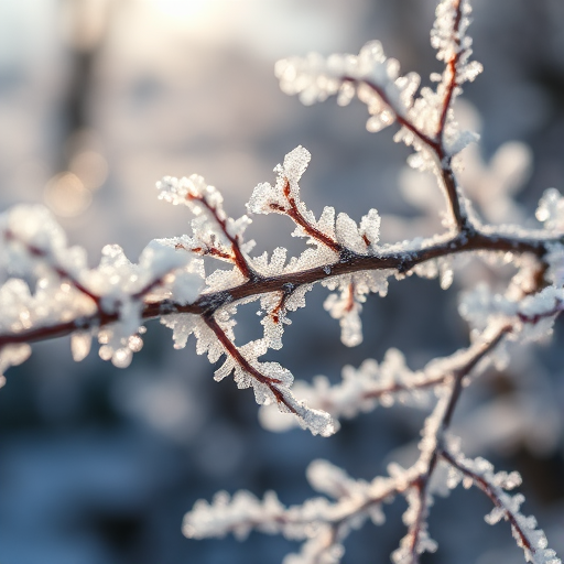 close-up of frosted branches with ice crystals glistening in sunlight, shallow depth of field, aperture f/2.8, shutter speed 1/250s, ISO 100, DSLR camera, macro lens, natural light