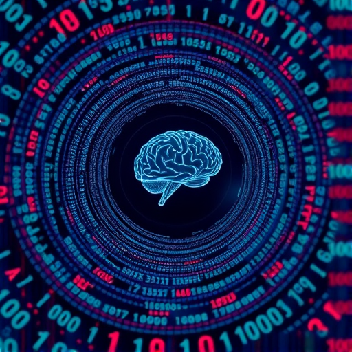 Create a digital artwork of a swirling vortex of binary code with a human brain silhouette at the center, using a Canon EOS R5 camera, with a focal length of 50mm, aperture set to f/1.8, ISO 100, and a dynamic angle to emphasize motion and depth while enhancing color vibrancy and clarity.