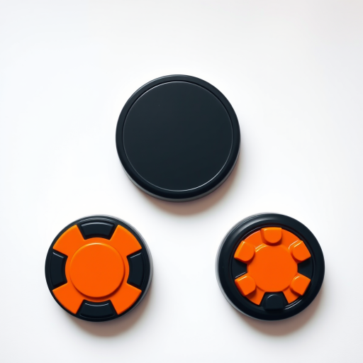 Create a high-resolution image of two stylized circular buttons with orange and black elements, set against a clean white background, using a digital camera with a 50mm lens, f/2.8 aperture, ISO 100, shot from a top-down perspective with soft lighting to accentuate the buttons' textures and colors.