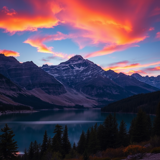 Create a high-resolution image of a majestic mountain landscape at sunset, with vibrant orange and purple skies reflecting on a calm lake, using a Canon EOS 5D Mark IV with a 24-70mm lens, aperture f/8, ISO 100, and a focal length of 35mm, in landscape orientation.
