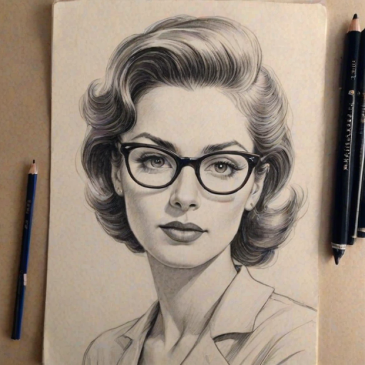 Superb Monica, pencil sketch, portrait of Appealing woman 1947s in glasses, hair style beatnik, outline, clear lines, fine lines, 8k